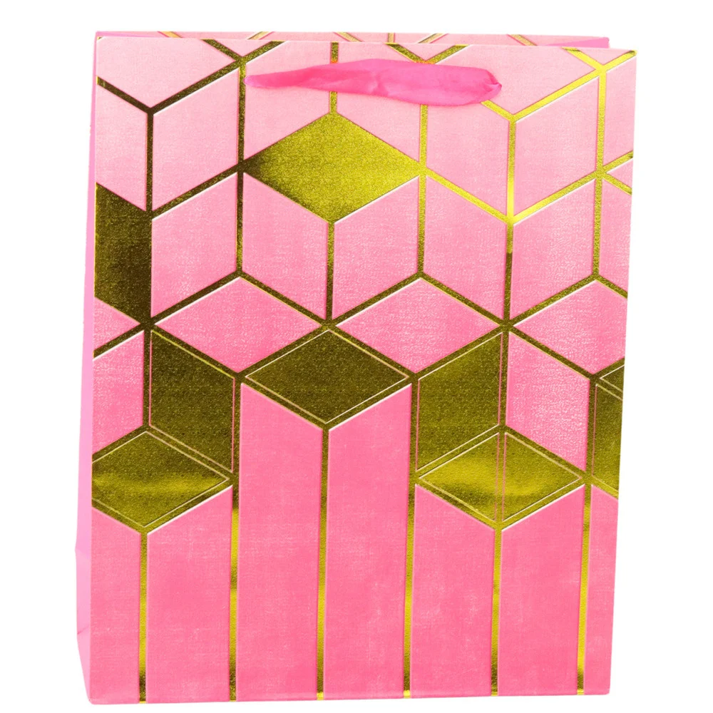 Papirnata poklon vrećica s geometrijskim uzorcima, zlatna, 32 x 26 x 12 cm_3