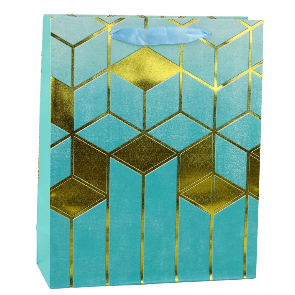 Papirnata poklon vrećica s geometrijskim uzorcima, zlatna, 32 x 26 x 12 cm_4