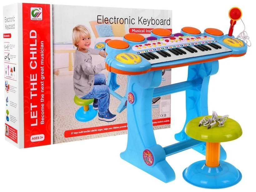 Plavi glazbeni set s klavijaturom, bubnjem i mikrofonom 3+_1
