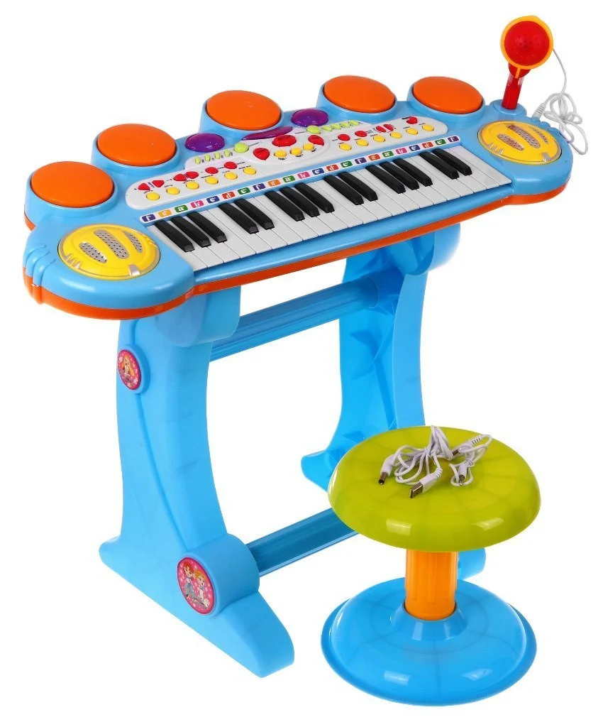 Plavi glazbeni set s klavijaturom, bubnjem i mikrofonom 3+_2