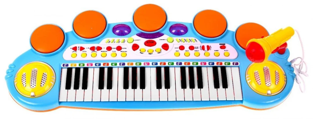 Plavi glazbeni set s klavijaturom, bubnjem i mikrofonom 3+_3