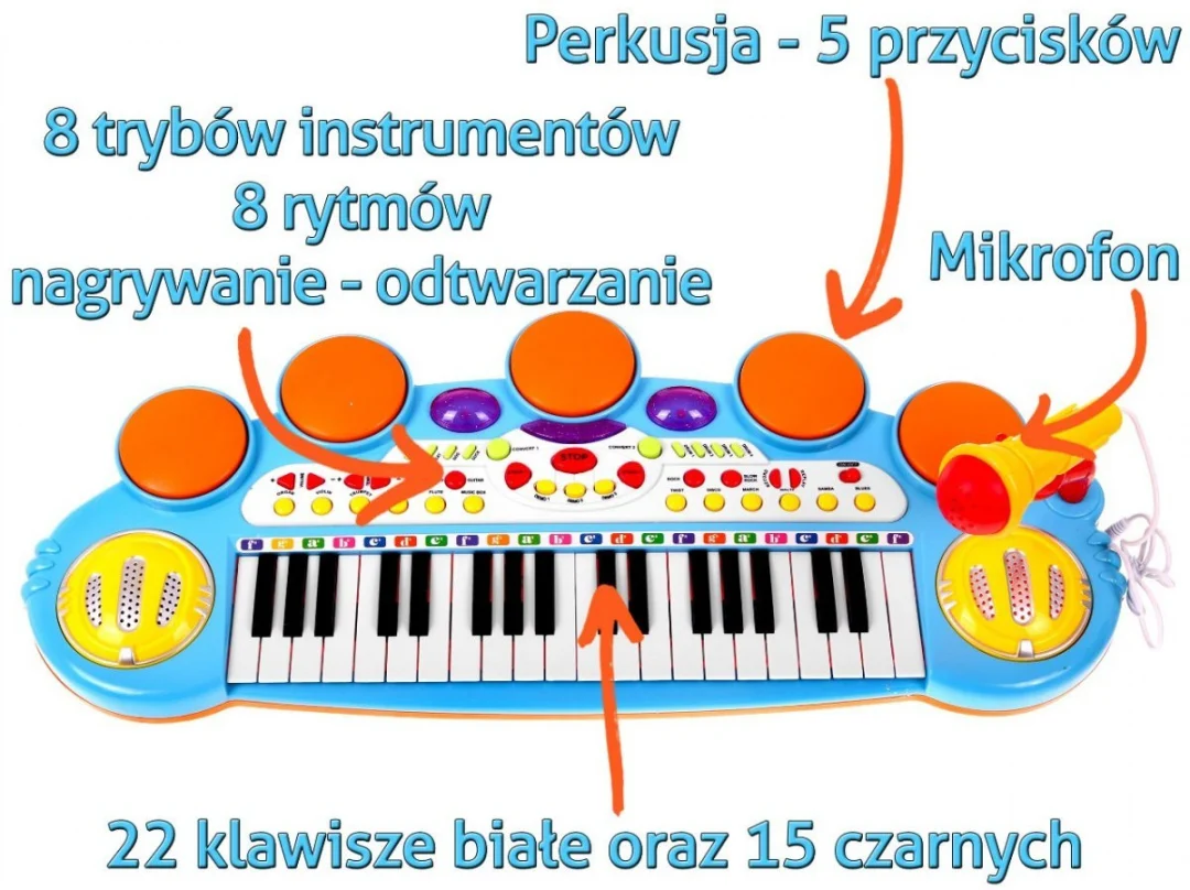 Plavi glazbeni set s klavijaturom, bubnjem i mikrofonom 3+_4