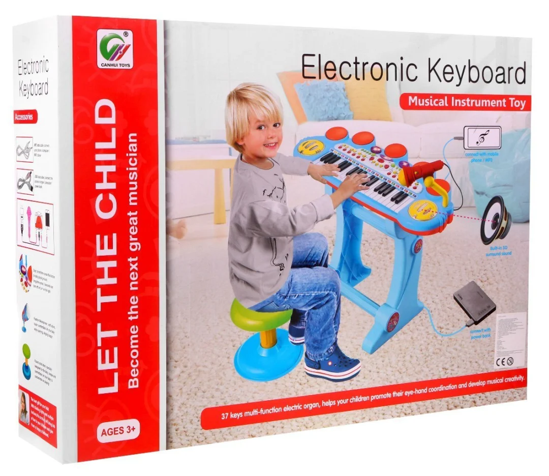Plavi glazbeni set s klavijaturom, bubnjem i mikrofonom 3+_5