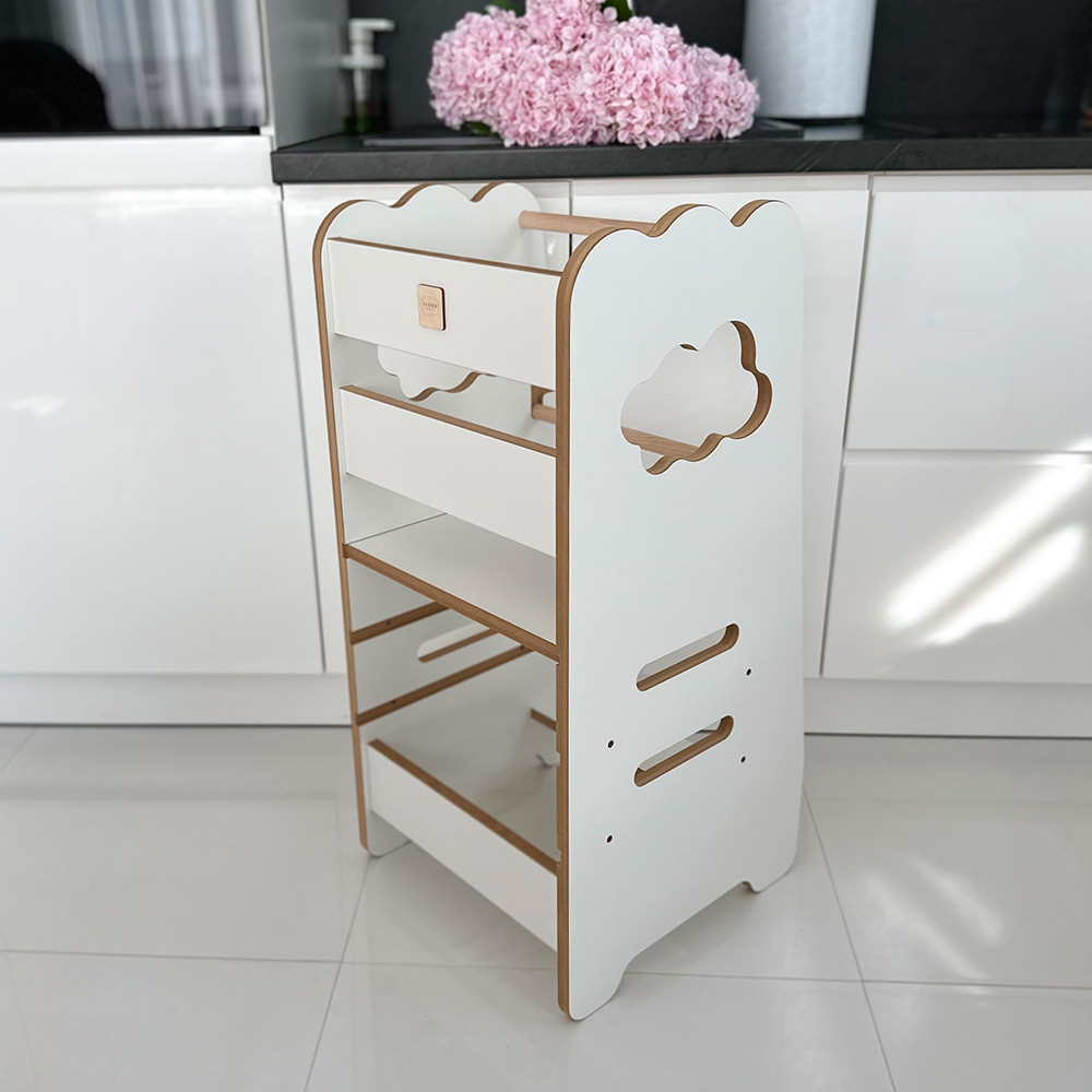 Plush Nest Dječji kuhinjski pomoćnik, kuhinjska stolica, Kuhinjski pomoćnik, 3 razine, bijela, oblak, drvena_5
