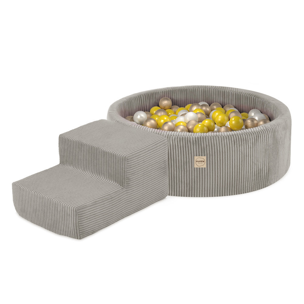 Plush Nest Igralište Suhi bazen 90x30 + stepenica (+200 loptica: biserna, zlatna, žuta), bež, vrhunski kord_1