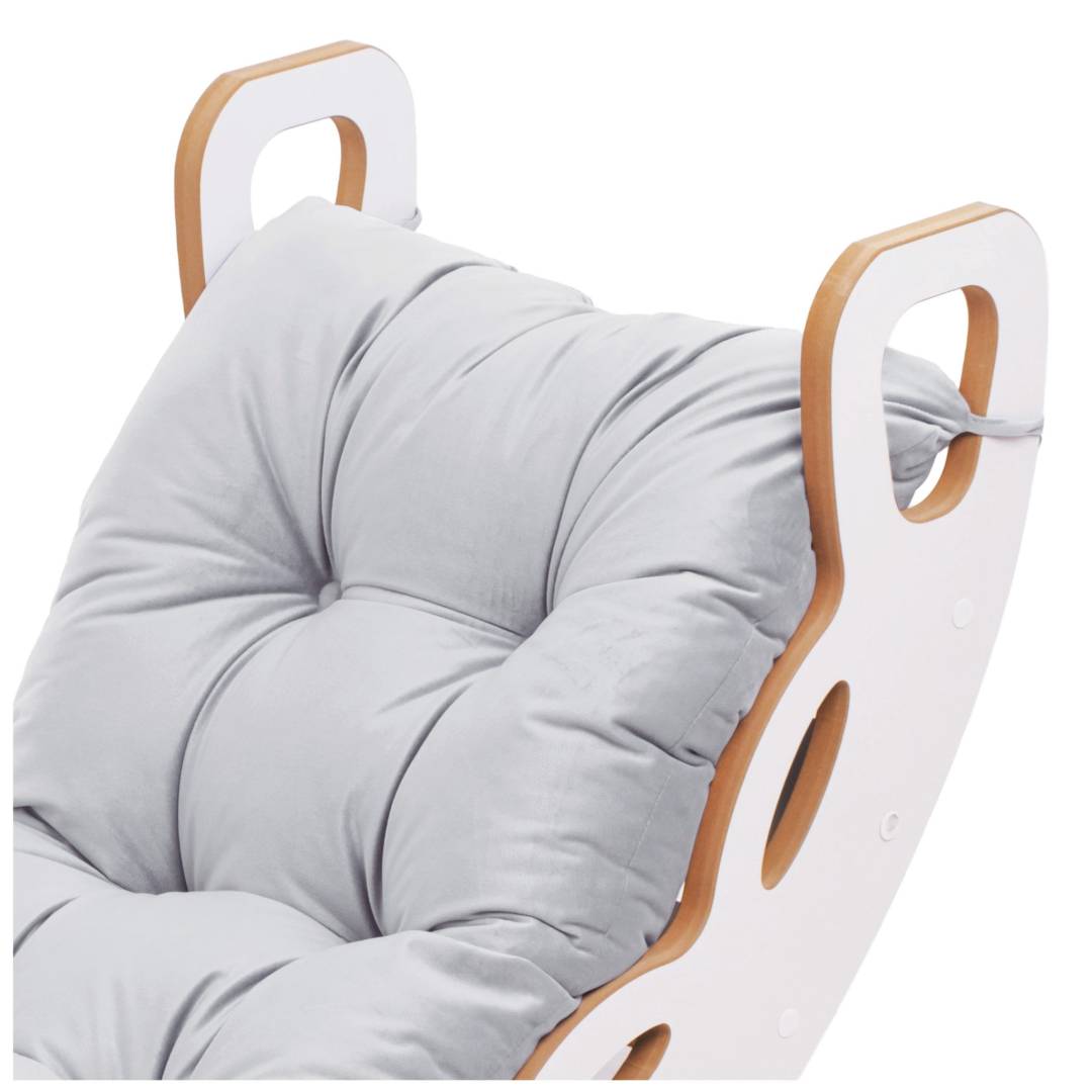 Plush Nest Mala ljuljačka 4-u-1 ljuljačka + zid za penjanje/tobogan + jastuk (baršunasto siva), bijela drvena ploča_9