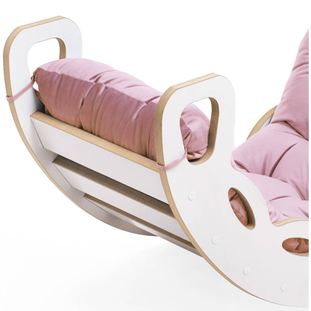 Plush Nest Mala ljuljačka 4-u-1 ljuljačka + zid za penjanje/tobogan + jastuk (ružičasti baršun), bijela drvena ploča_6