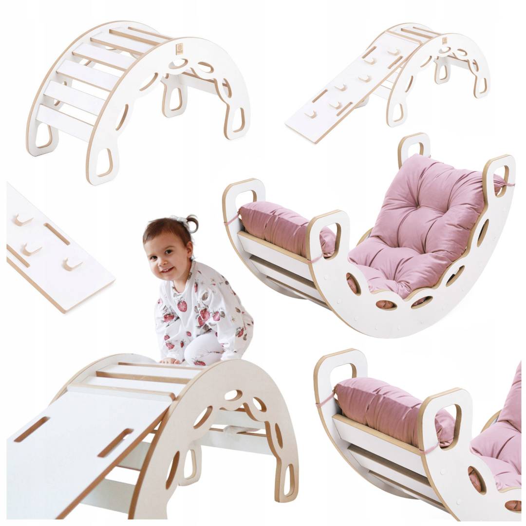 Plush Nest Mala ljuljačka 4-u-1 ljuljačka + zid za penjanje/tobogan + jastuk (ružičasti baršun), bijela drvena ploča_8