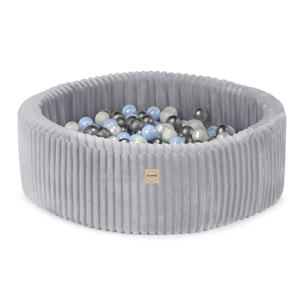 Plush Nest Suhi bazen, okrugli, 90x30 cm, sivi, Puffy Lamell (+200 bisernih kuglica, svijetloplava, srebrna)_1