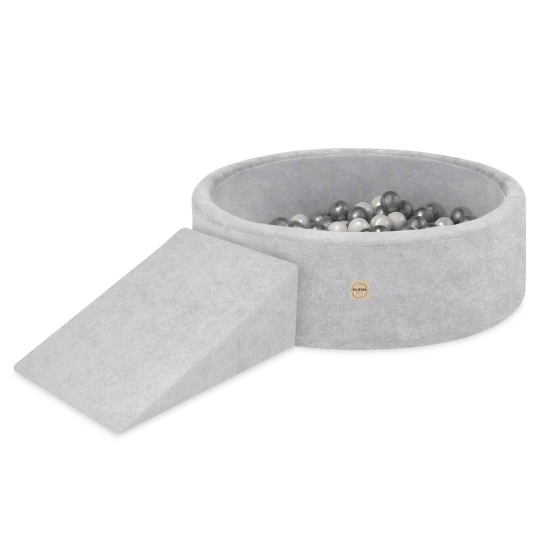 Plush Nest Suhi bazen za igralište 90x30 s trokutom (+200 loptica: biserne, srebrne), siva, vrhunski Chenil_1
