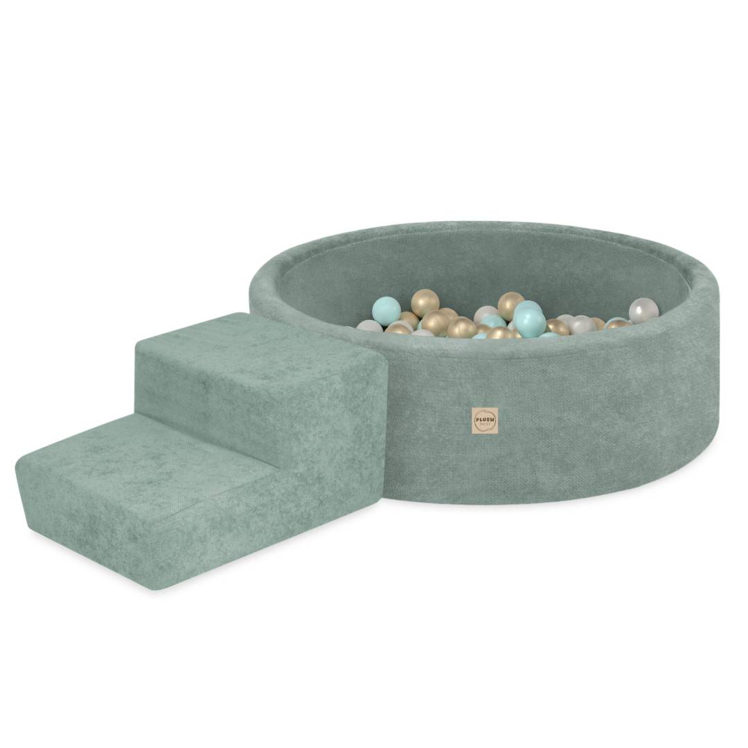 Plush Nest Suhi bazen za igralište 90x30 sa stepenicom (+200 loptica: biserna, zlatna, mint), zelena, vrhunski Cheni_1