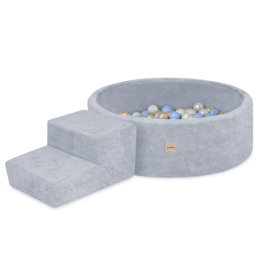 Plush Nest Suhi bazen za igralište 90x30 sa stepenicom (+200 loptica: biserna, zlatna, svijetloplava), plava, vrhunski_1