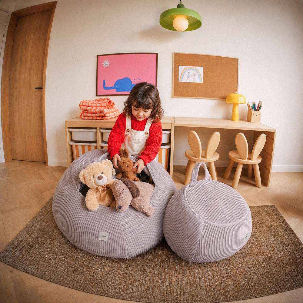 Plush Nest Vrećica za pohranu igračaka i plišanih igračaka, dječji puf, siva, vrhunski kord, mini_3