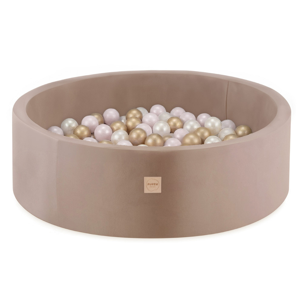 Plush Nest bazen s lopticama, bež, okrugli, baršun, 90x30, 200 loptica: biserna, zlatna, svijetlo ružičasta_1