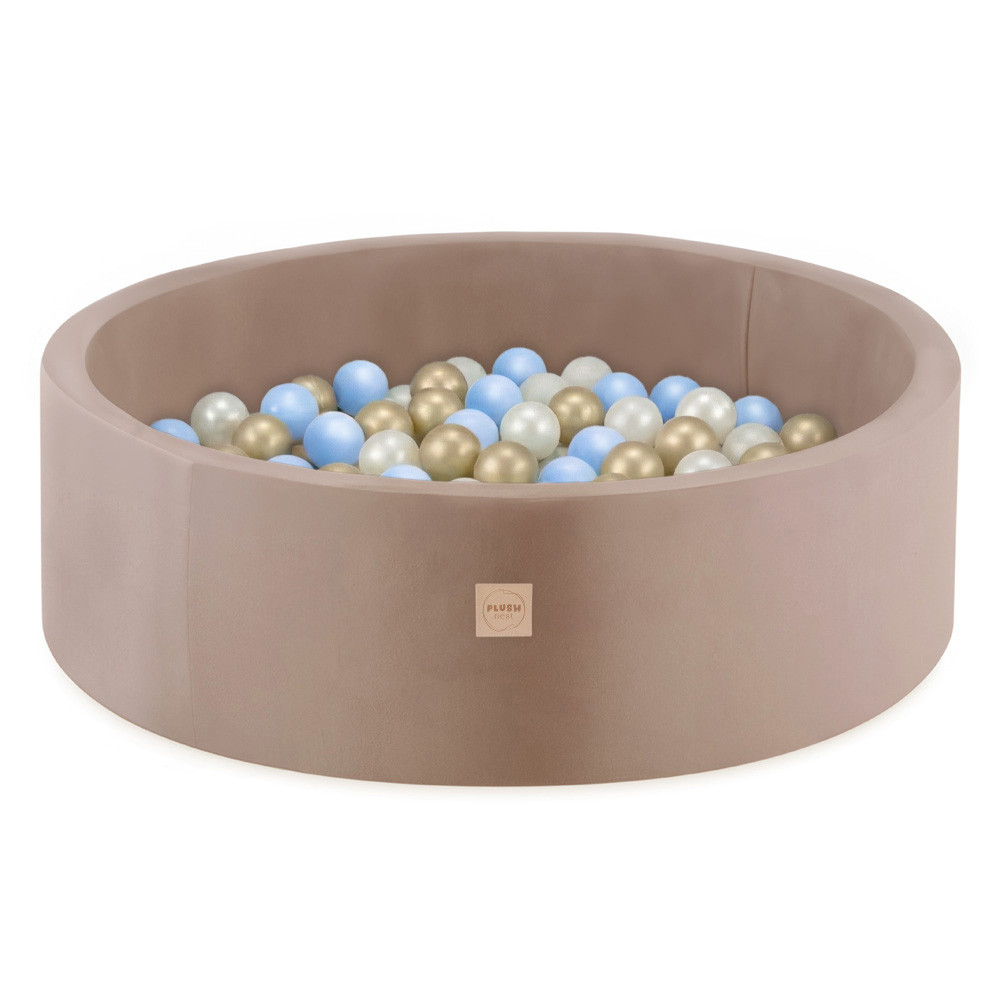 Plush Nest bazen s lopticama, bež, okrugli, baršun, 90x30, 200 loptica: biserna, zlatna, svijetloplava_1
