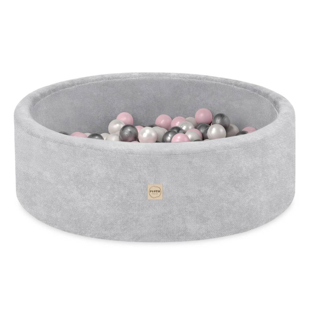 Plush Nest okrugli dječji bazen 90x30 s lopticama (200 loptica: biserna, srebrna, svijetlo ružičasta), siva, prem_1