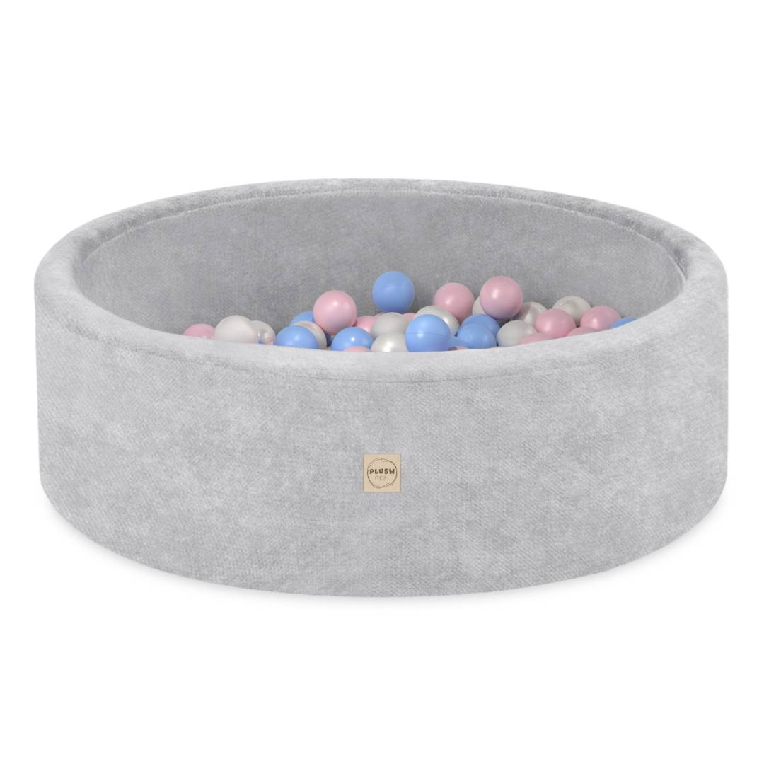 Plush Nest okrugli dječji bazen 90x30 s lopticama (200 loptica: biserna, svijetloplava, svijetloružičasta), siva_1