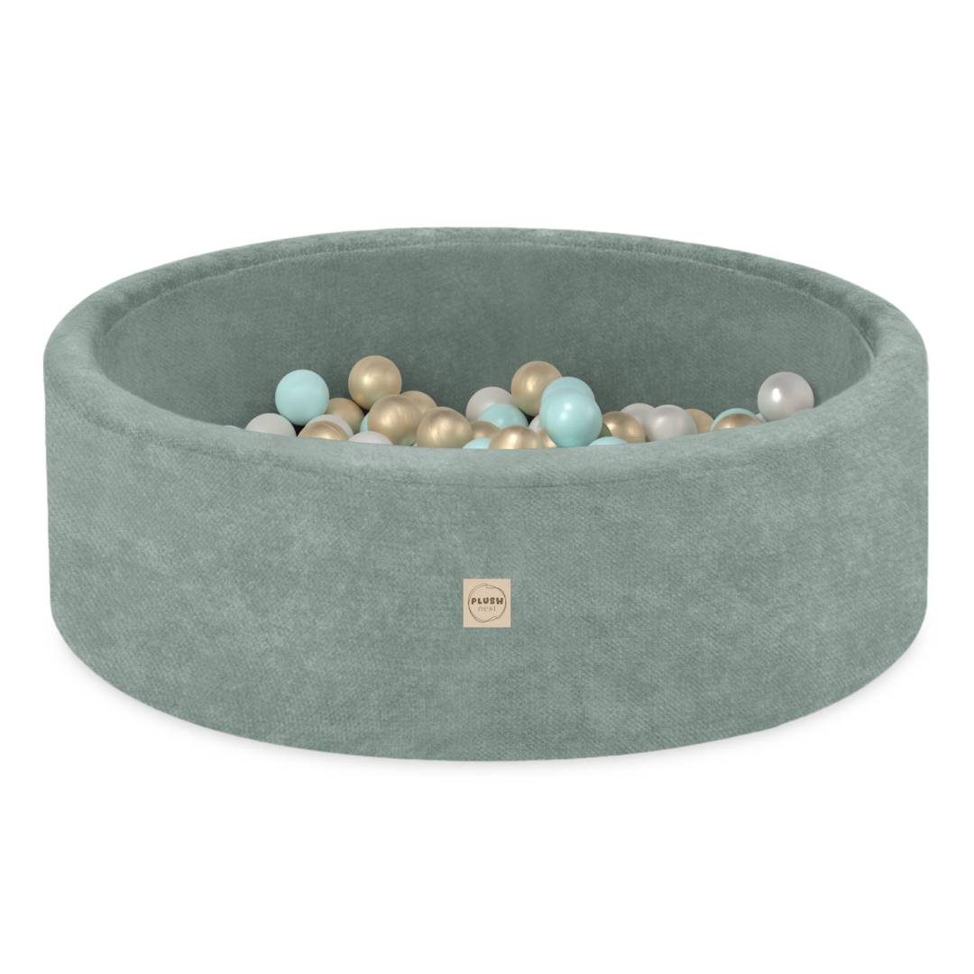 Plush Nest okrugli dječji bazen 90x30 s lopticama (200 loptica: biserne, zlatne, mint), zelene, vrhunski boja_1