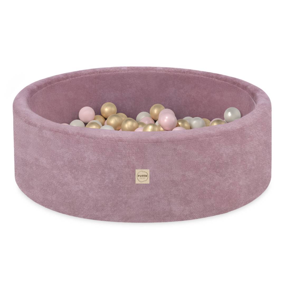 Plush Nest okrugli dječji bazen 90x30 s lopticama (200 loptica: biserne, zlatne, svijetlo ružičaste), ružičasta, Premiu_1