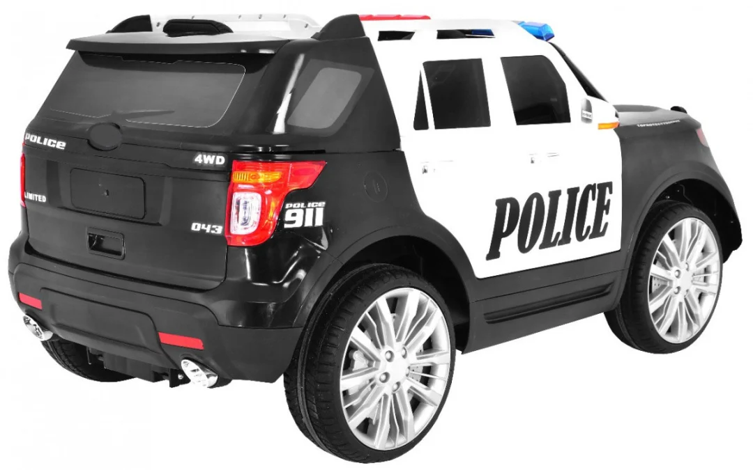 Policijski SUV automobil na baterije za djecu + sirene + svjetla + megafon + daljinski, crna_3