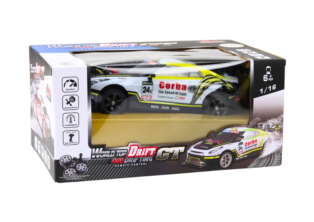 RC sportski automobil 1:16 Drift s izmjenjivim kotačima bijeli i žuti_4