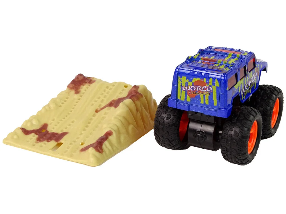 Resorak Monster Truck Pull Back Drive Gumene gume Metalna karoserija + Evoluirajuća rampa_12
