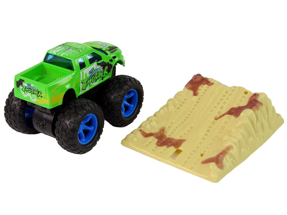 Resorak Monster Truck Pull Back Drive Gumene gume Metalna karoserija + Evoluirajuća rampa_16
