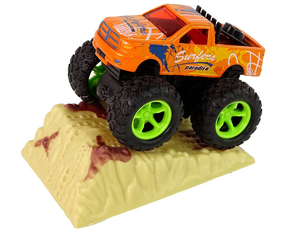 Resorak Monster Truck Pull Back Drive Gumene gume Metalna karoserija + Evoluirajuća rampa_19