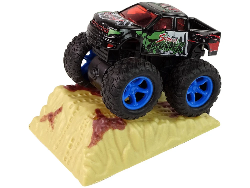 Resorak Monster Truck Pull Back Drive Gumene gume Metalna karoserija + Evoluirajuća rampa_3
