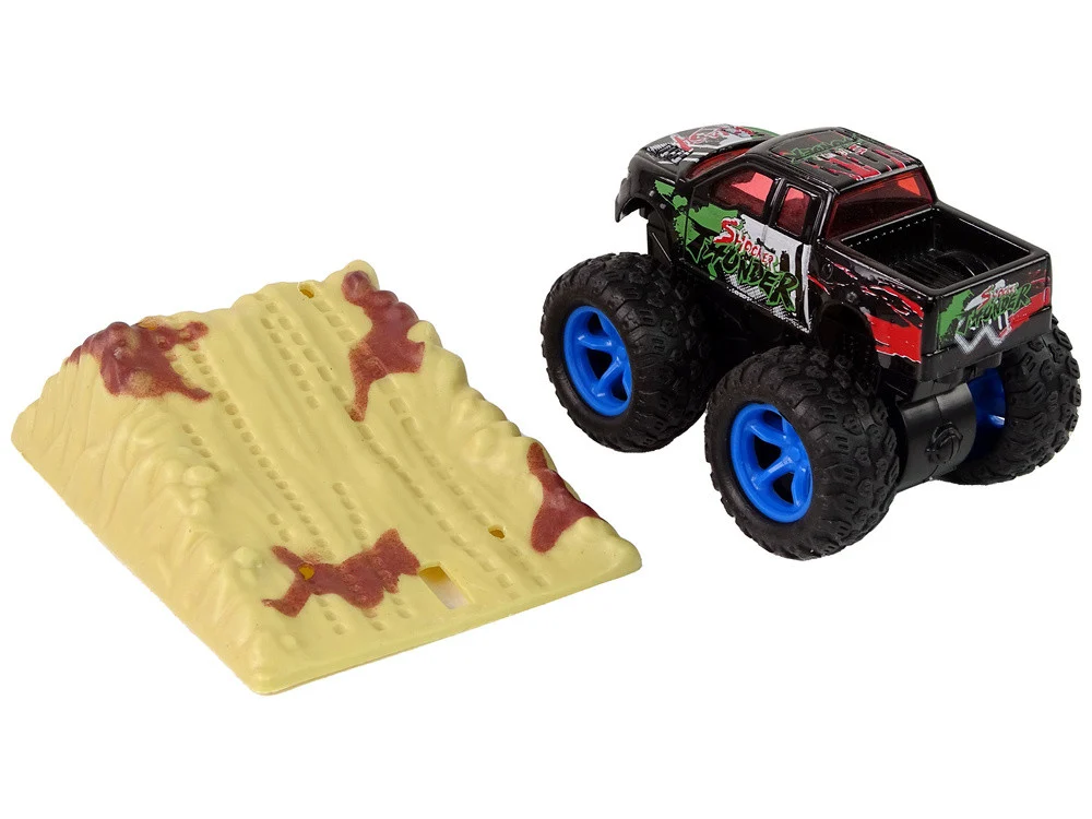 Resorak Monster Truck Pull Back Drive Gumene gume Metalna karoserija + Evoluirajuća rampa_4