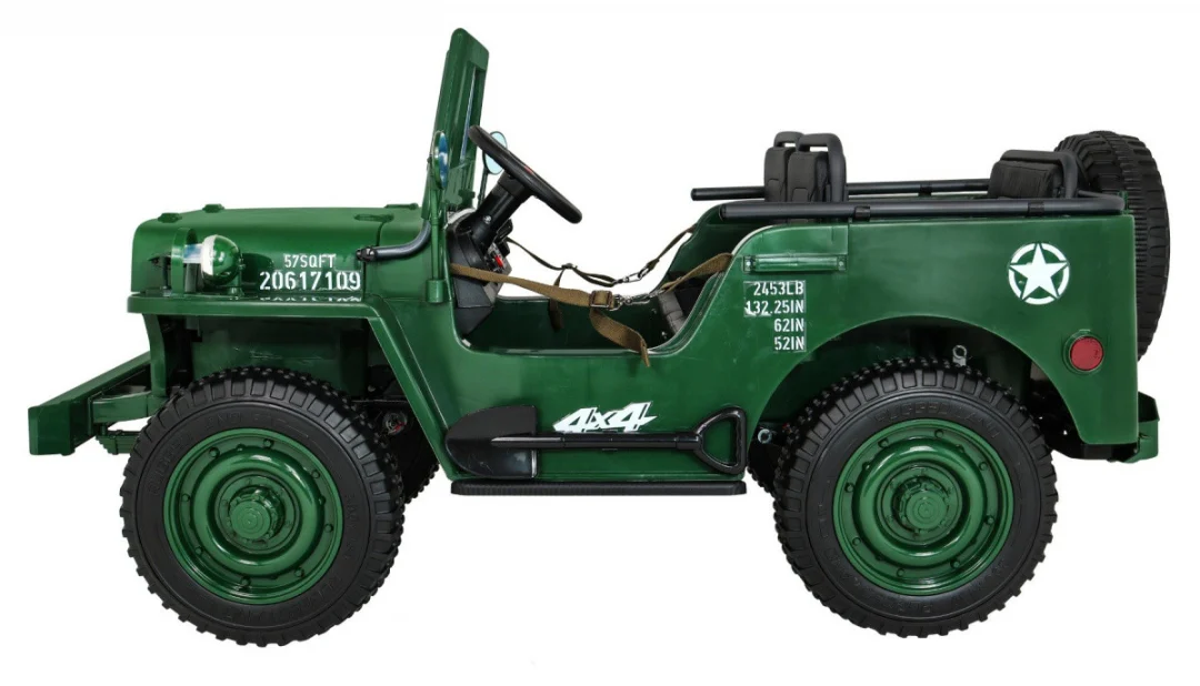 Retro Snažan Vojni Automobil za 3 Djece Zeleni + 4x4 Pogon + Spremište + EVA + Sporo, zelena_13