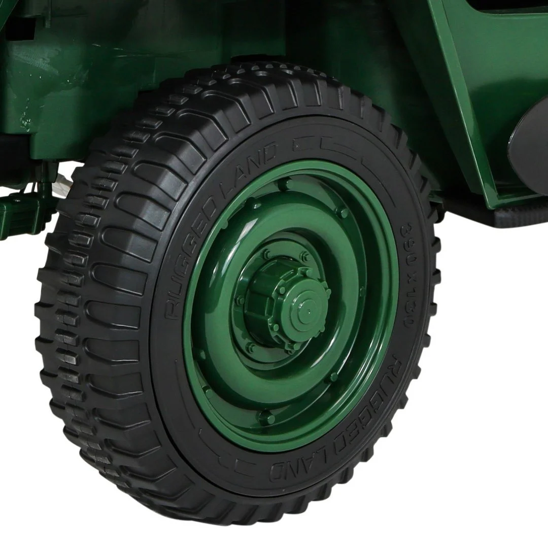 Retro Snažan Vojni Automobil za 3 Djece Zeleni + 4x4 Pogon + Spremište + EVA + Sporo, zelena_18