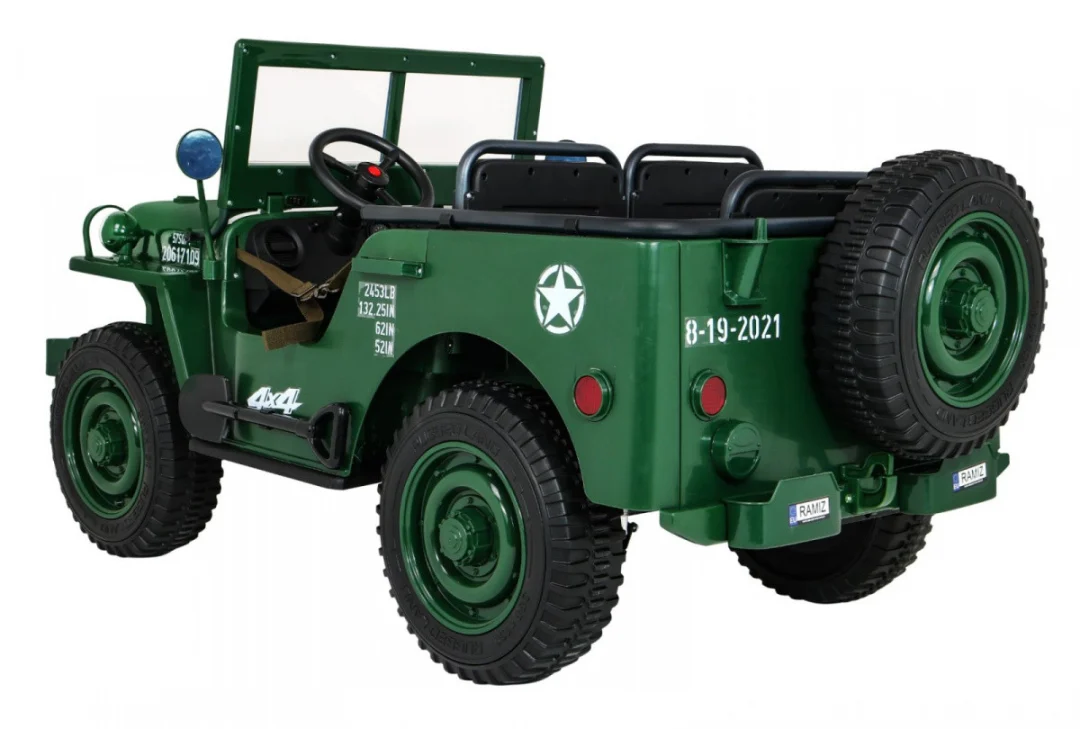 Retro Snažan Vojni Automobil za 3 Djece Zeleni + 4x4 Pogon + Spremište + EVA + Sporo, zelena_4