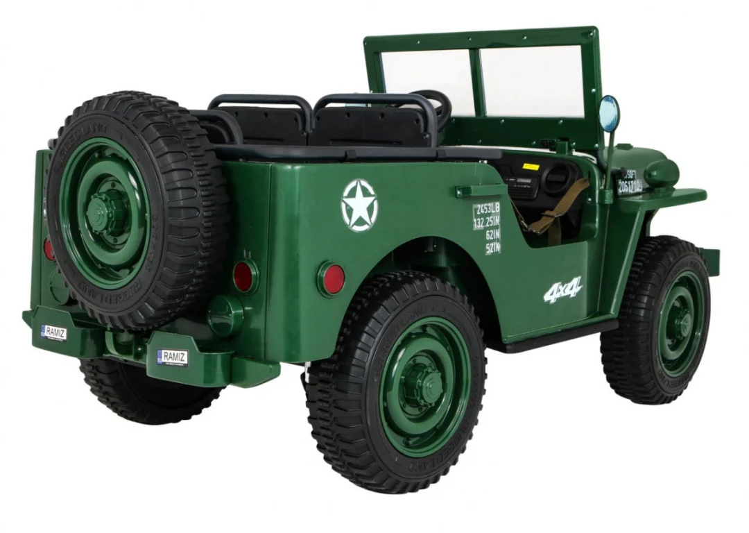 Retro Snažan Vojni Automobil za 3 Djece Zeleni + 4x4 Pogon + Spremište + EVA + Sporo, zelena_7
