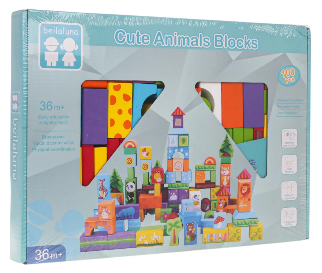 Set drvenih kockica sa životinjama, 100 komada_5