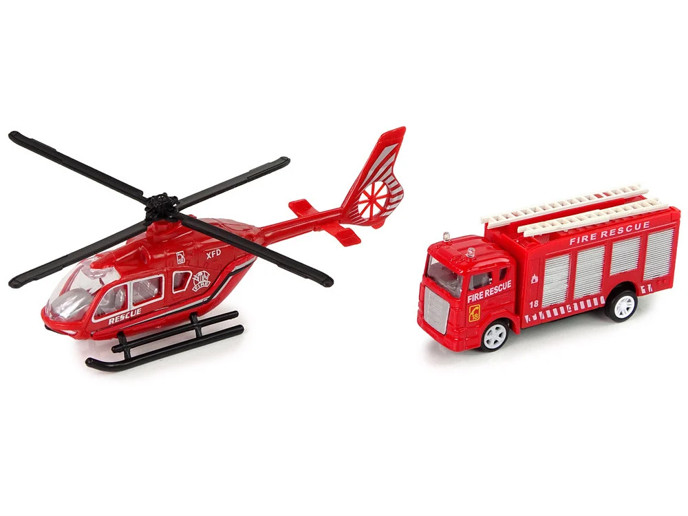 Set vatrogasne brigade na povlačenje, crveni, kamion i helikopter_2