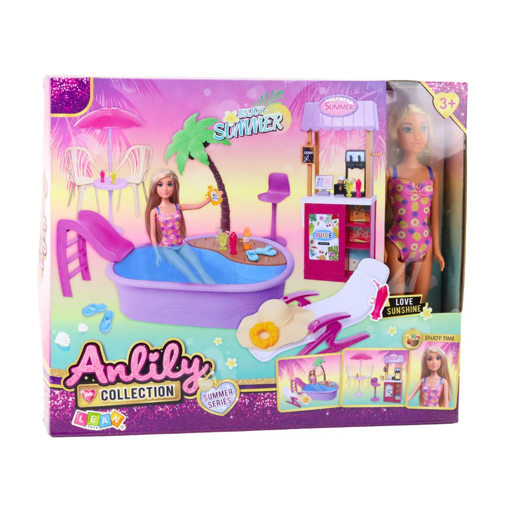 Set za lutke Anlily na plaži s bazenom, palmom i stalkom za piće_5