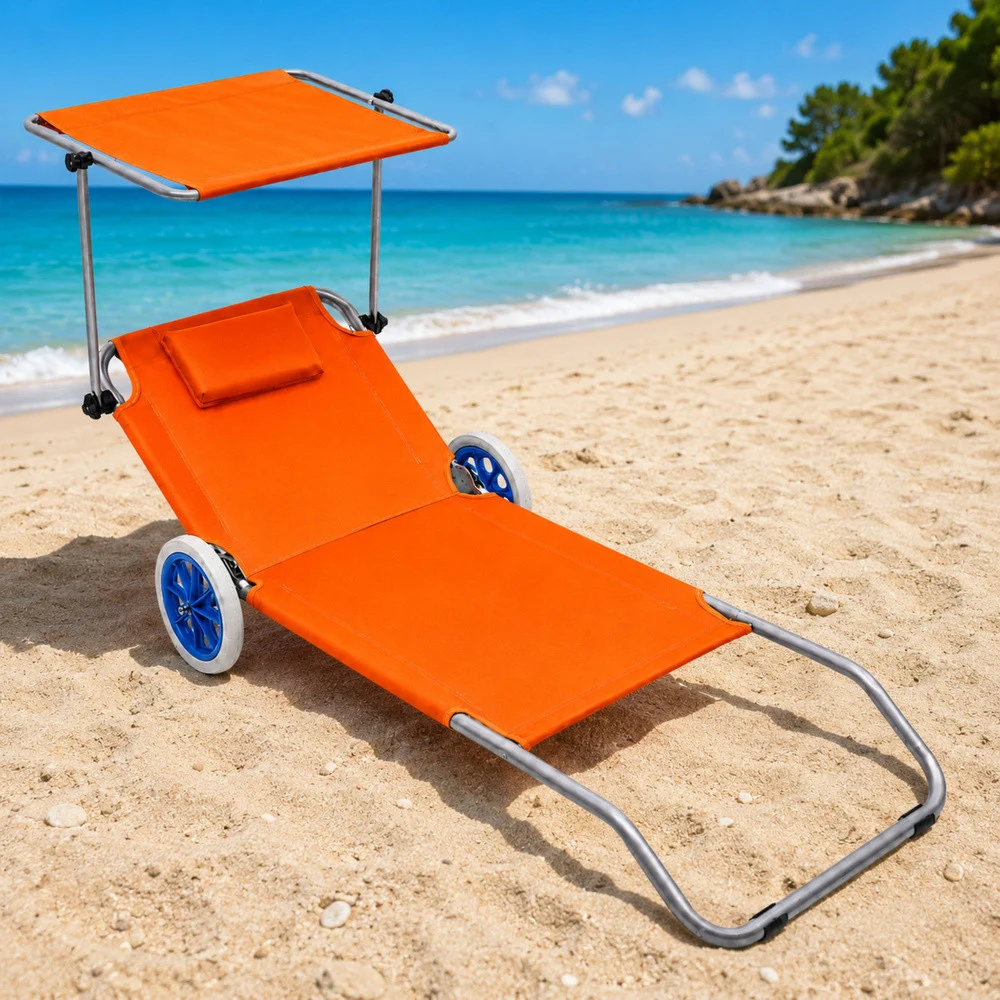 Sklopiva plažna ležaljka s nadstrešnicom na kotačima narančasta_5