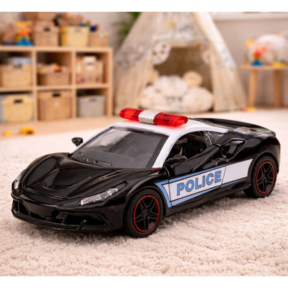 Sportski automobil Policijski automobil s motoriziranim metalnim navlakom za povlačenje Crni 1:43_5