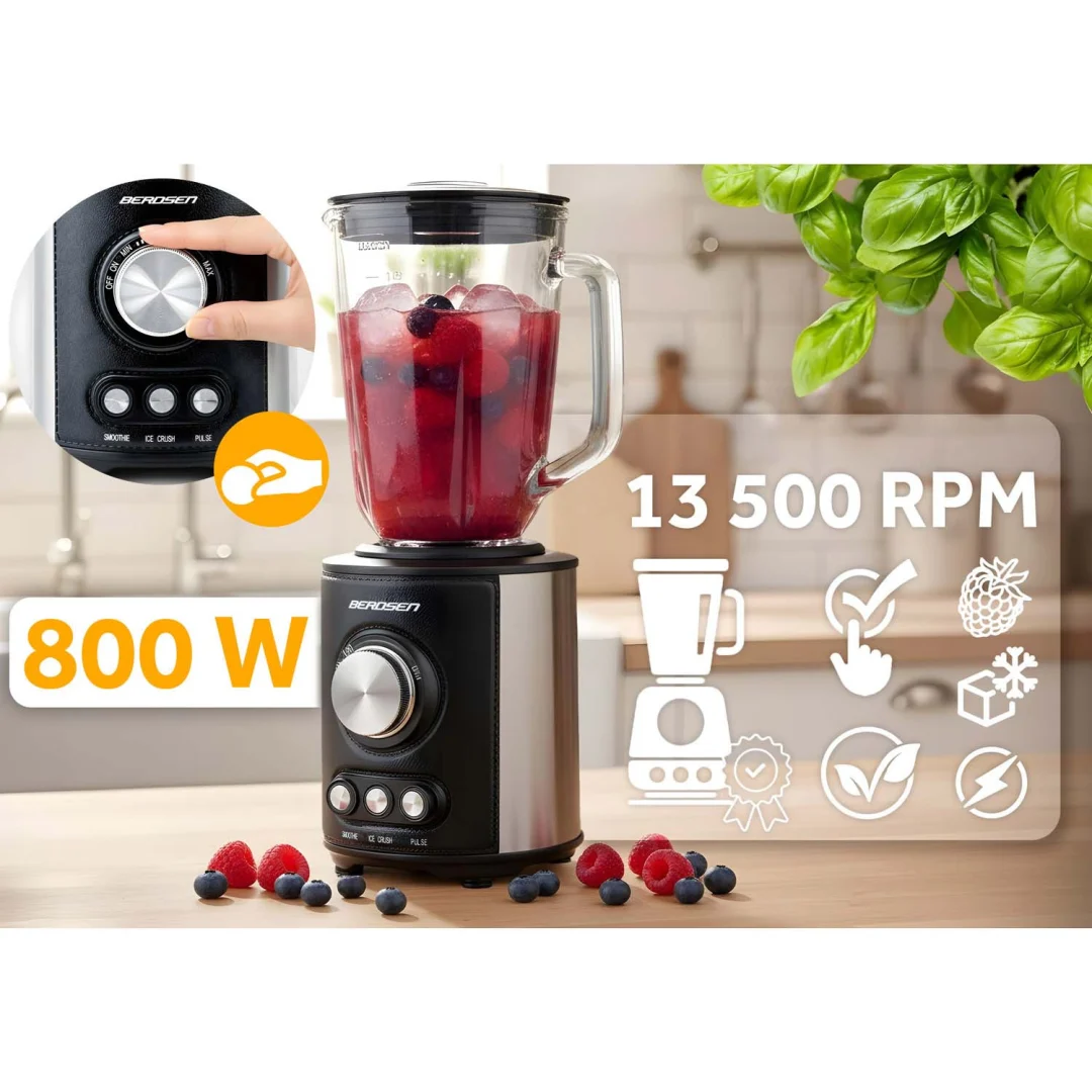 Stakleni blender za smoothieje, koktele, drobljenje leda, 1,5 l, 800 W, BD-751, Berdsen, crni_2