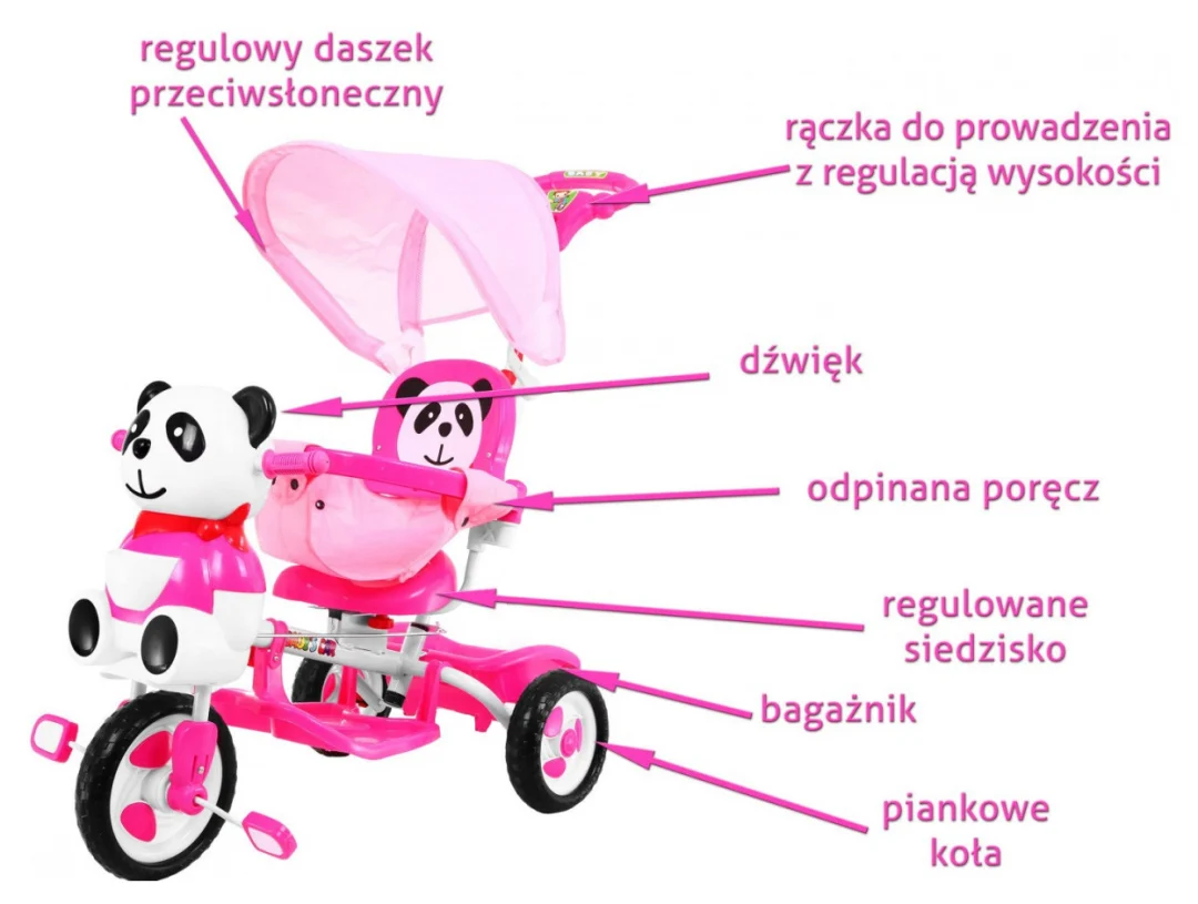 Tricikl Panda ružičasti s krovom i ručkom_6