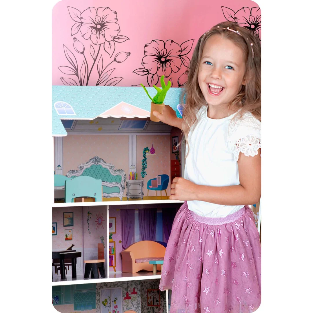 Velika drvena kućica za lutke na 3 kata Ricokids RK-878, siva_10