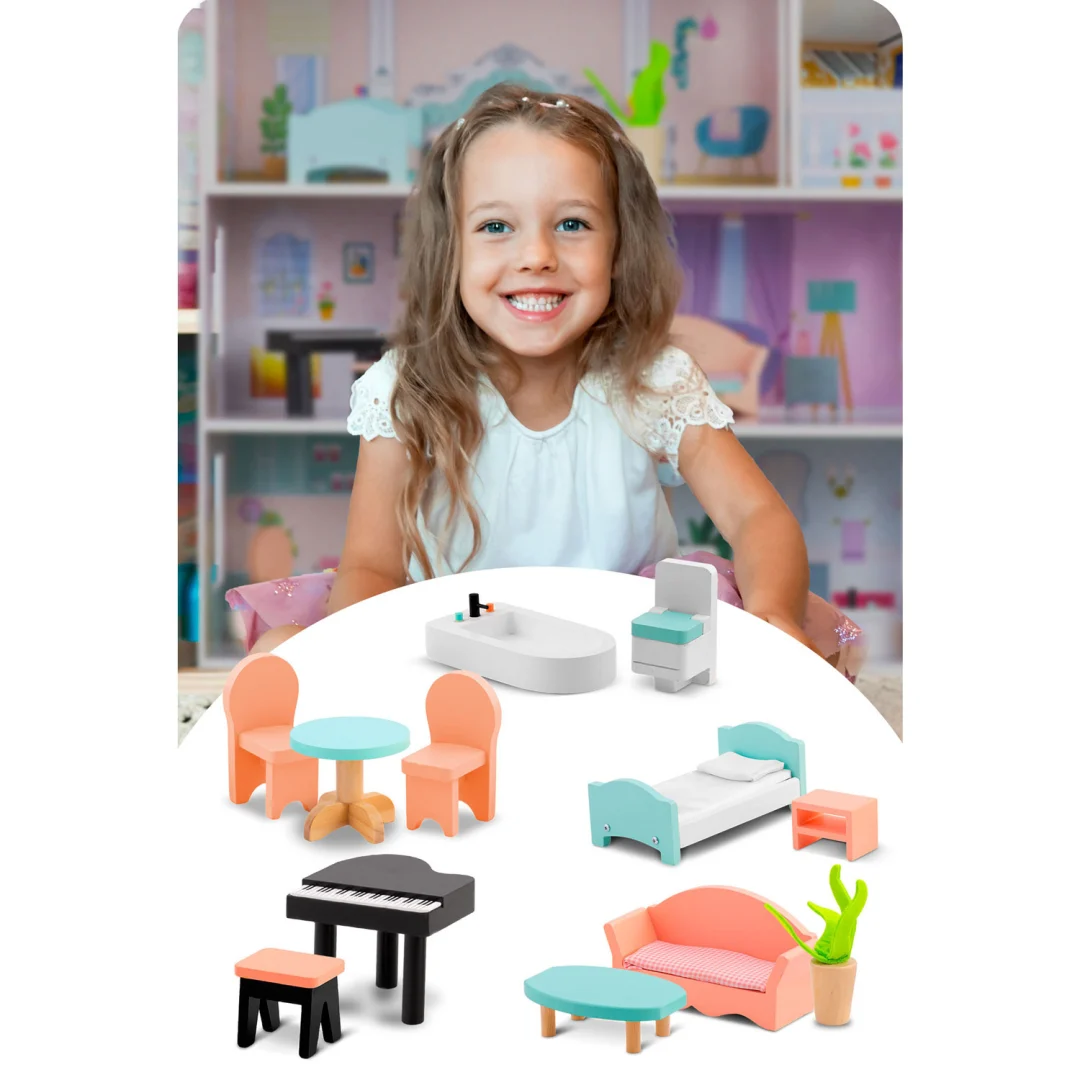 Velika drvena kućica za lutke na 3 kata Ricokids RK-878, siva_11