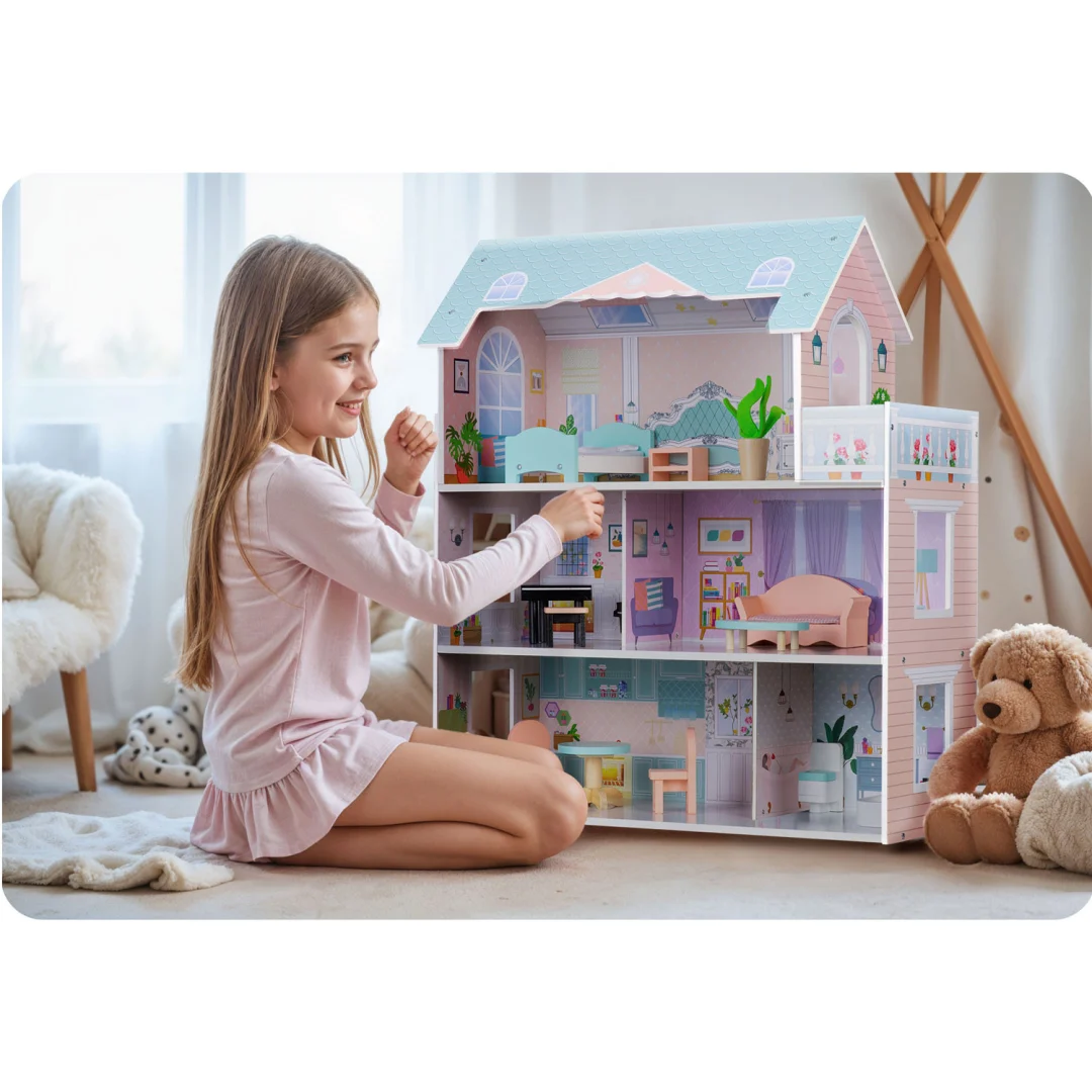 Velika drvena kućica za lutke na 3 kata Ricokids RK-878, siva_5