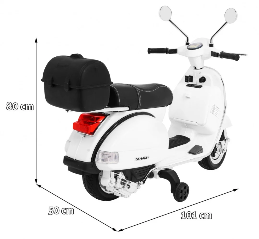 Vespa električni skuter za djecu bijeli + pomoćni kotači + audio + eko koža + EVA + spori, bijela motor na akumulator_2