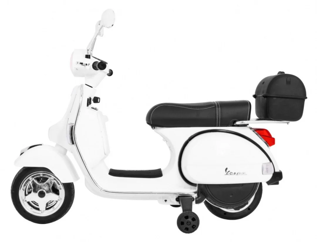 Vespa električni skuter za djecu bijeli + pomoćni kotači + audio + eko koža + EVA + spori, bijela motor na akumulator_4