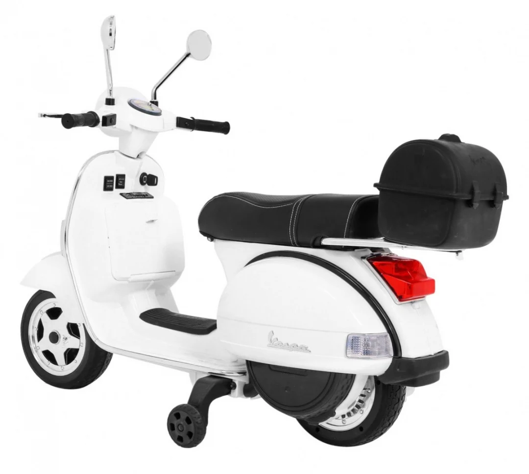 Vespa električni skuter za djecu bijeli + pomoćni kotači + audio + eko koža + EVA + spori, bijela motor na akumulator_5