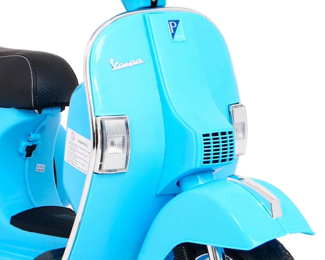 Vespa električni skuter za djecu plavi + pomoćni kotači + audio + eko koža + EVA + spori, plava motor na akumulator_12