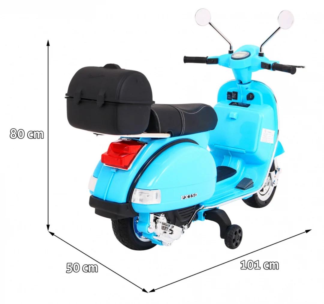 Vespa električni skuter za djecu plavi + pomoćni kotači + audio + eko koža + EVA + spori, plava motor na akumulator_2