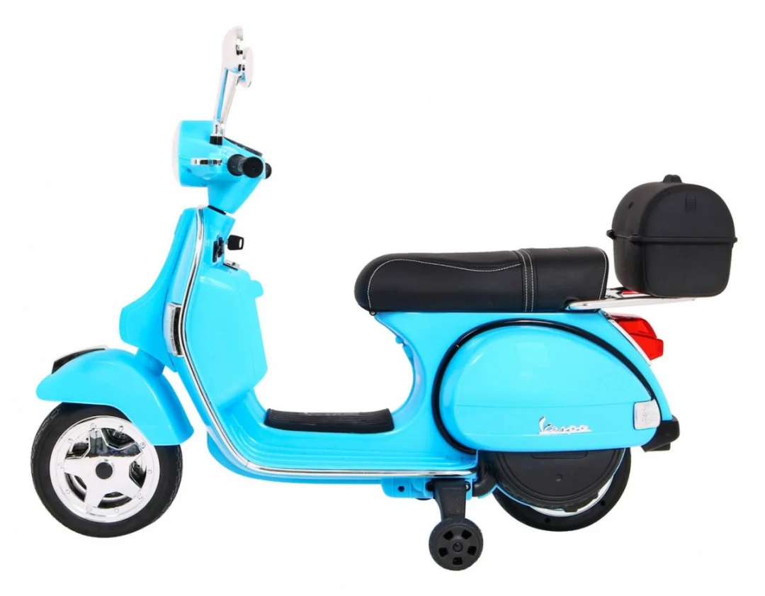 Vespa električni skuter za djecu plavi + pomoćni kotači + audio + eko koža + EVA + spori, plava motor na akumulator_4